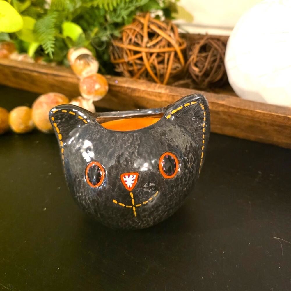 Halloween Black Kitty Cat Jar Orange Candle Holder Planter Candy Bowl Small